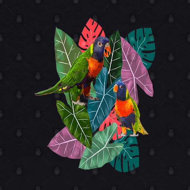 Parrots and Tropical Leaves by RoxanneG